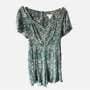 Anthropologie Maeve Point Breeze Teal Blue Floral Boho Romper Size 8